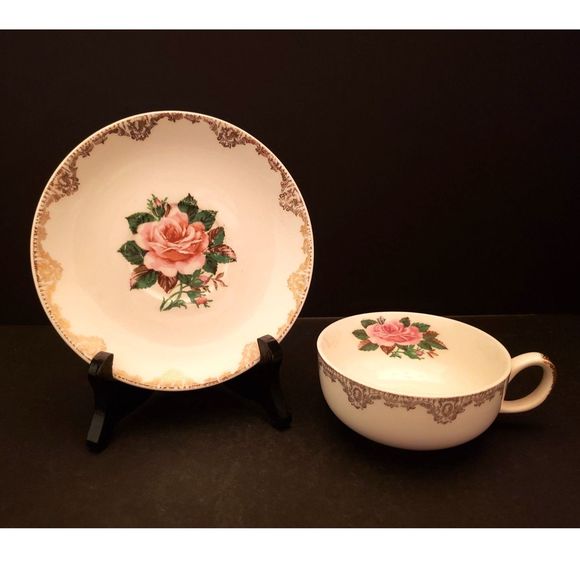 American Rose Cups Saucers Paden City Pottery Pink Roses Gold Vintage 4 sets - Picture 3 of 16